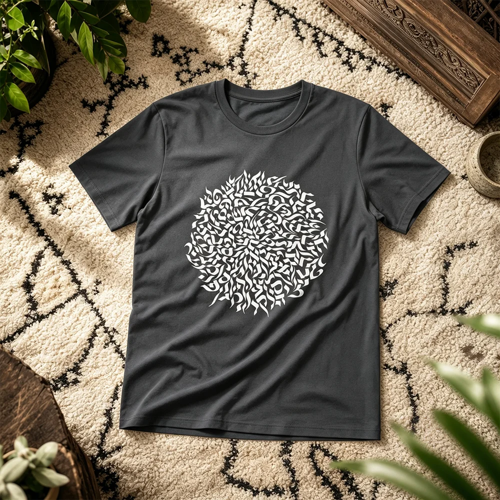 Unisex Israeli Style Hebrew Calligraphy T-Shirt Summer Short Sleeve Unique Mandala Design Parent-Child Casual Streetwear Top