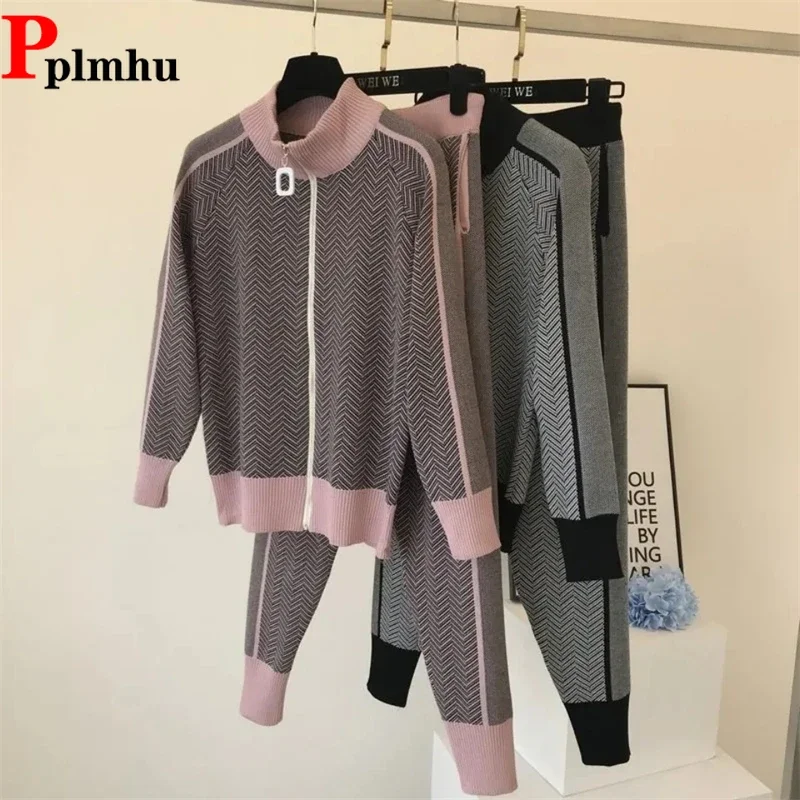 Pantalones de moda coreana Conjunto de 2 piezas Casual primavera otoño Jogger Pantalones Ensemble mujeres medio cuello alto Chaqueta de punto Conjunto