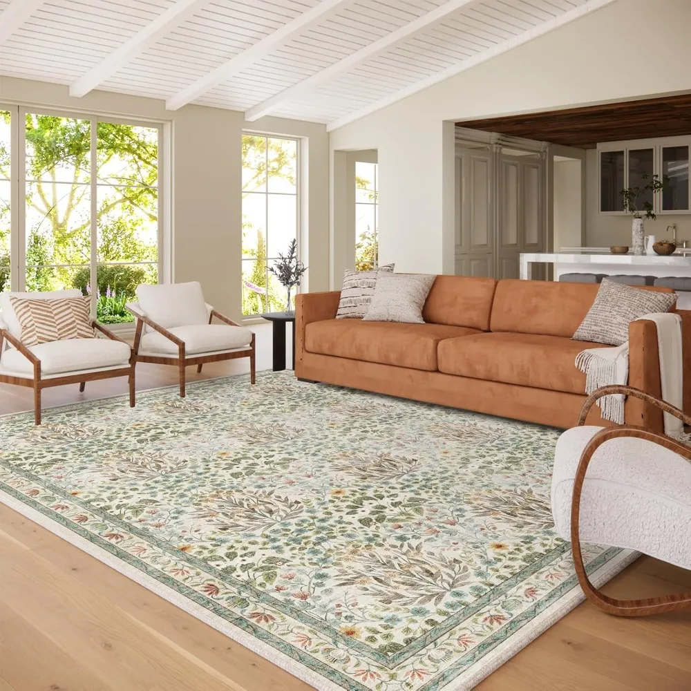 

Washable Area Rug 8x10 - Vintage Floral Living Room Rug for Dining Room (Under Table), Bedroom - Stain Resistant, Soft Low Pile,