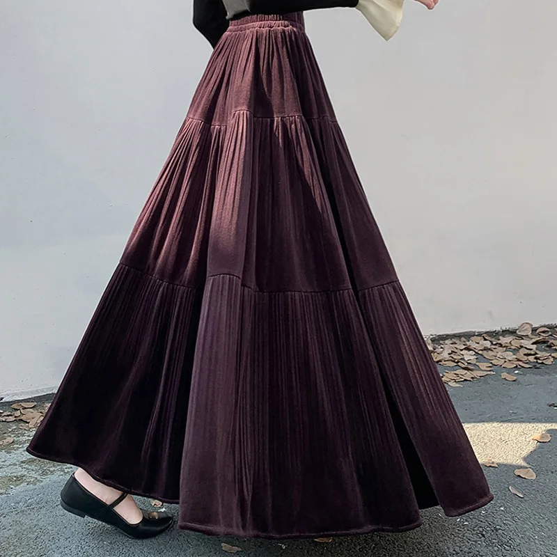 

Velvet pleated skirt women's autumn and winter elastic high waist a-line long skirt women vintage large skirt female