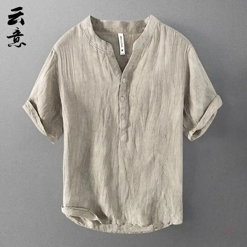 Pure Linen Short Sleeve Men's Summer Chinese Style Loose Fit Thin V-neck Top Vintage Casual Half Sleeve Linen T-shirt