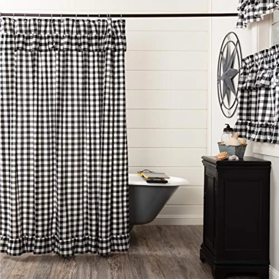 

Annie Buffalo Check Cotton Farmhouse Bath Rod Pocket Button Holes Hooks Shower Curtain Black Country