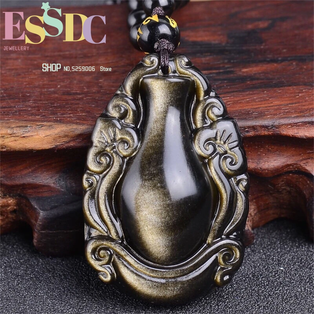 

High Quality Obsidian Pendant Wholesale Natural Gold Obsidian Jewelry Bottle Pendant with Free Beads Necklace for Male or Female