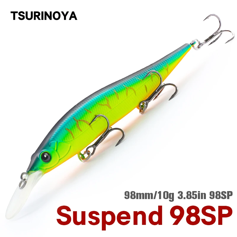 TSURINOYA-señuelo de pesca de pececillo suspendido 98SP, AURORA 98mm, 10g, máximo 2,2 m, peso de tungsteno, cebo duro de fundición larga, Lucio,