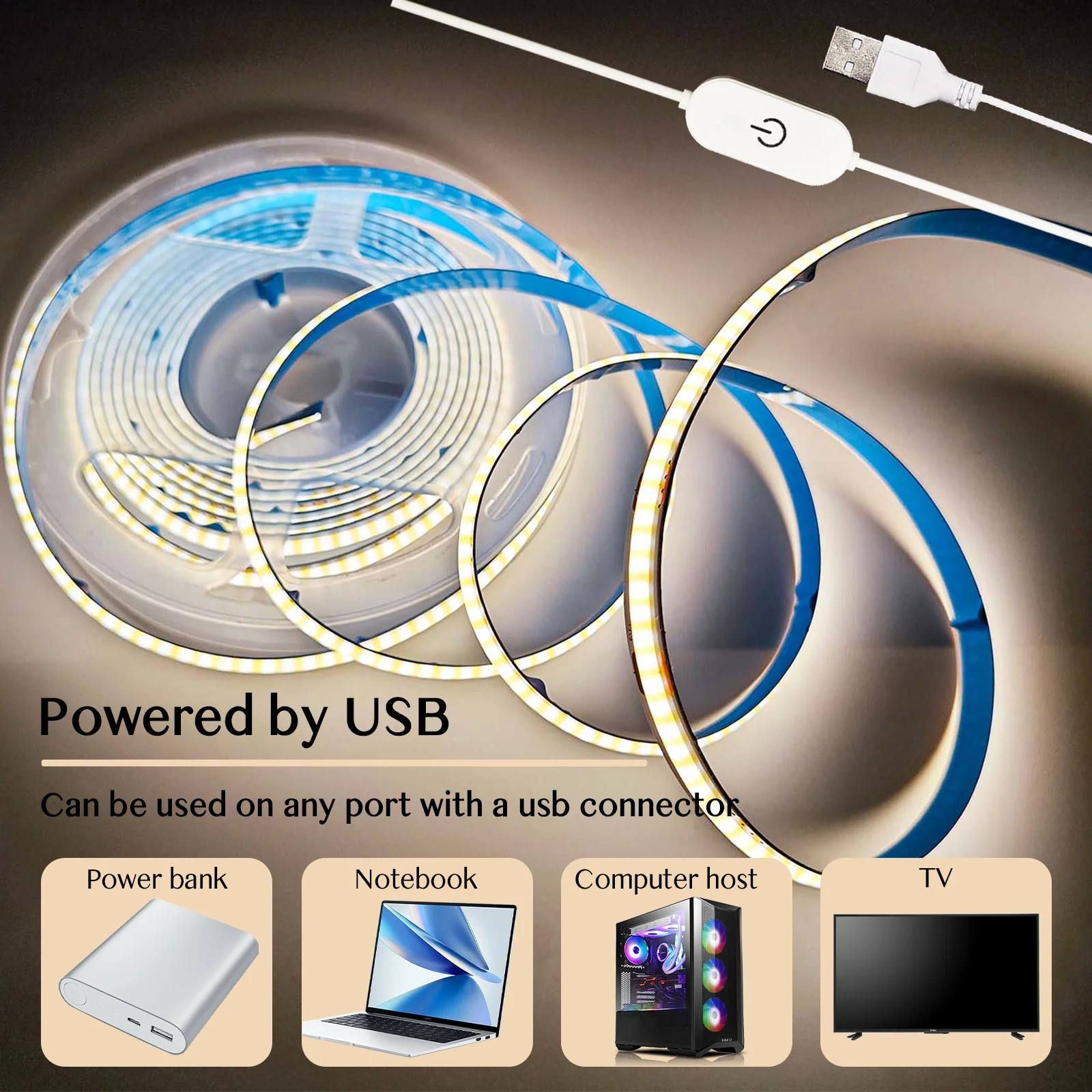 5V COB LED Strip RA90 USB Touch Control Switch Dimmable 320 LEDs/m Lamp Tape Flexible Ribbon Linear Light for Room Kitchen Decor