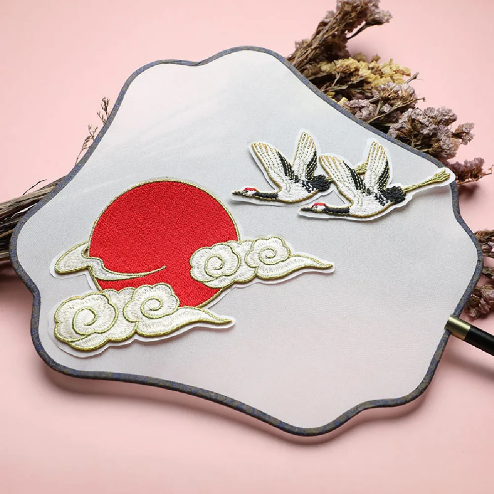 1 Piece Stick on Patch Embroidered Symmetrical Crane Red Sun Auspicious Clouds for Clothes, Bag DIY Decoration Directly Pasted