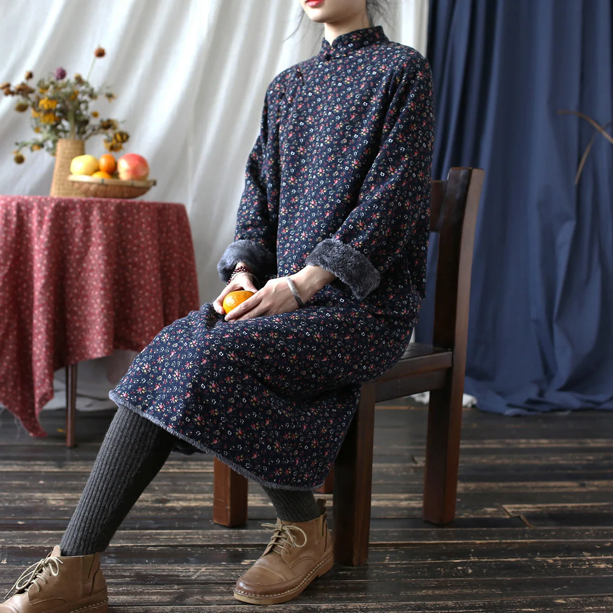 Women Country-style Floral Print Thicken Winter Long Sleeves Cheongsam Vintage Fleece Improved Dress Medium-length Chinese Qipao