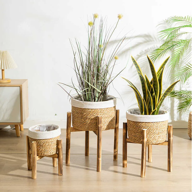 Grass Woven Flower Pot With Wooden Flower Pot Rack Holder Planter Pot Living Room Balcony Home Decor Storage Basket Ornaments