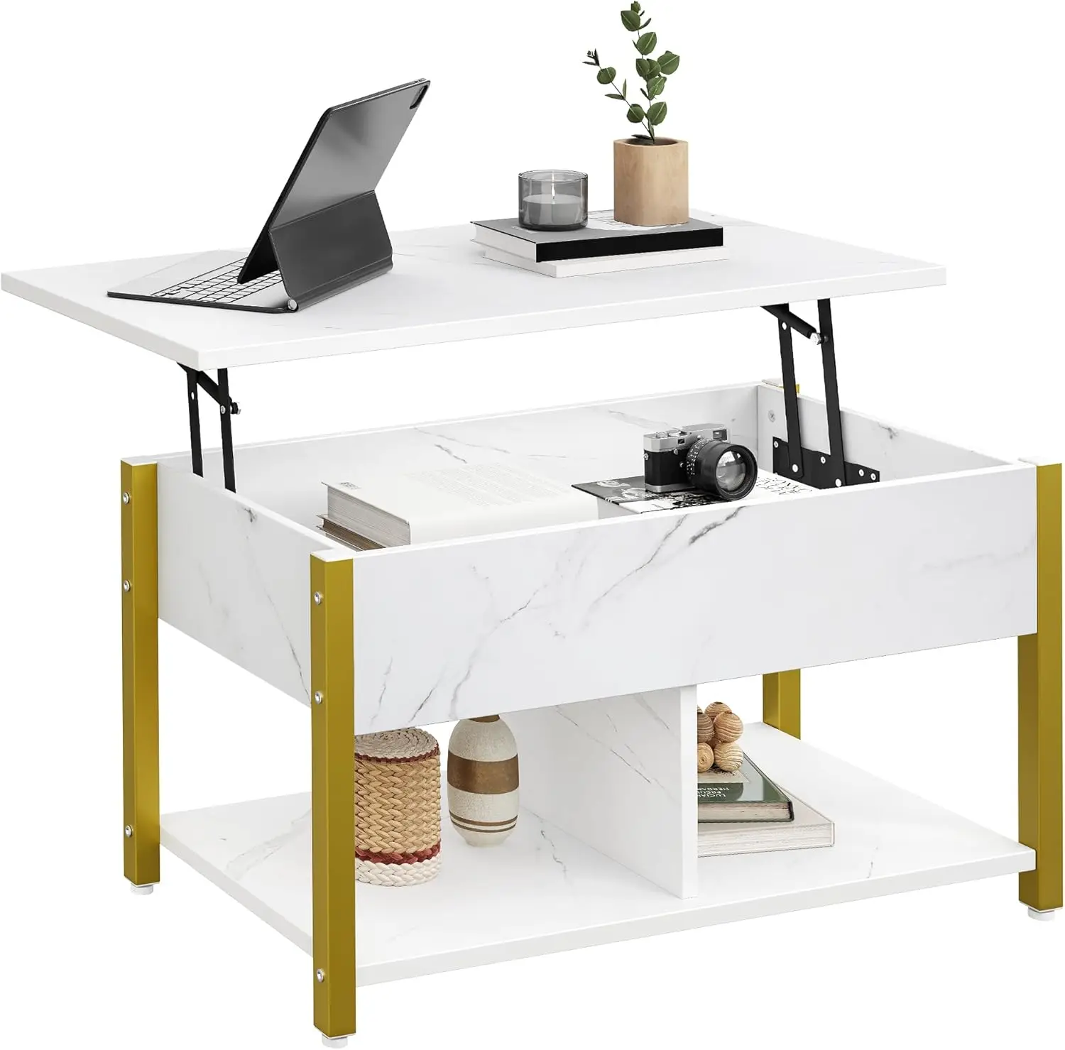 Mesa de centro, mesa auxiliar portátil, mesa de salón, mesa de comedor, dos compartimentos abiertos, diseño moderno, 90x47,8 x ~ 61,7 cm, color marrón/blanco/madera