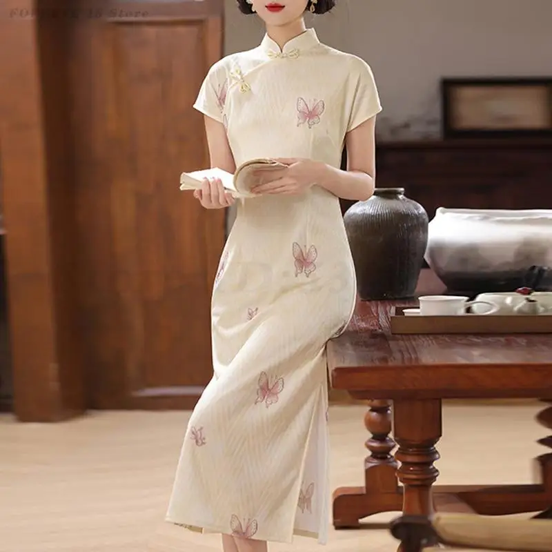 

Chinese Traditional Dress Qipao Elegant Butterfly Female Long Cheongsam Hanfu Spring Summer New Women's Dress Cosplay Costume