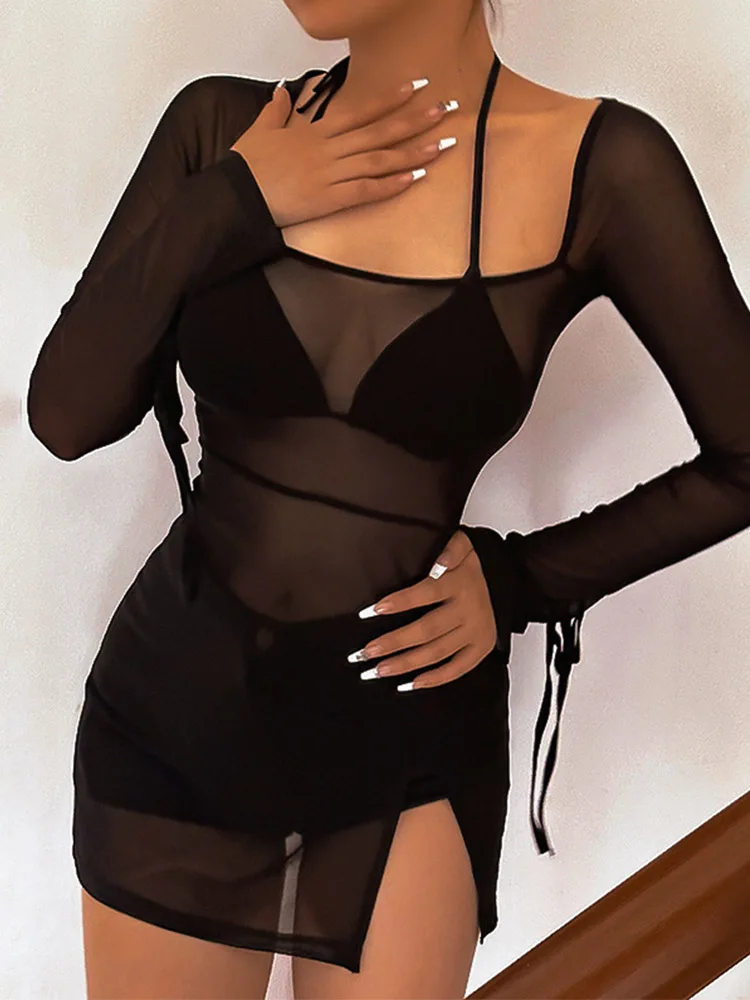 Women's Square Collar Mini Dress Y2K Gauze Long Sleeve Sheer Sexy Night Outfit Clubwear Solid Color