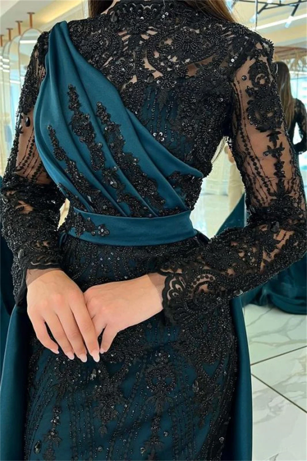 Sansa Gliiter Mermaid فساتين السهرة With Satin Tail Sequins Prom Dress Elegant High Neck Long Sleeve Fishtail Vestidos De Noche