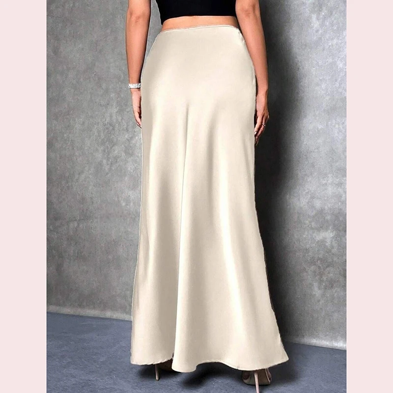 Black Elegant Satin Midi Skirt Women High Waisted Fashion American Draped Skirt Solid Sexy Bodycon Classic Spring Summer Skirt