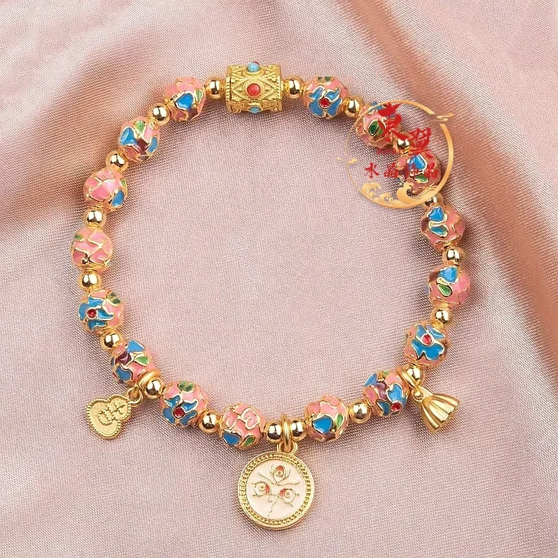 Rose Red Powder Color Cloisonne White God of Wealth Lotus Canopy Lucky Bead Bless Bracelet Incense Ash Porcelain Glass Gold Foil