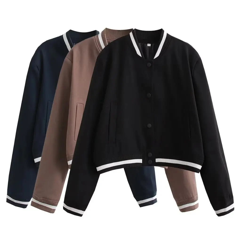 

Women's American INS Autumn Color Matching Side Small Stand Collar Baseball Uniform Coat Single-Breasted Cardigan Jacket