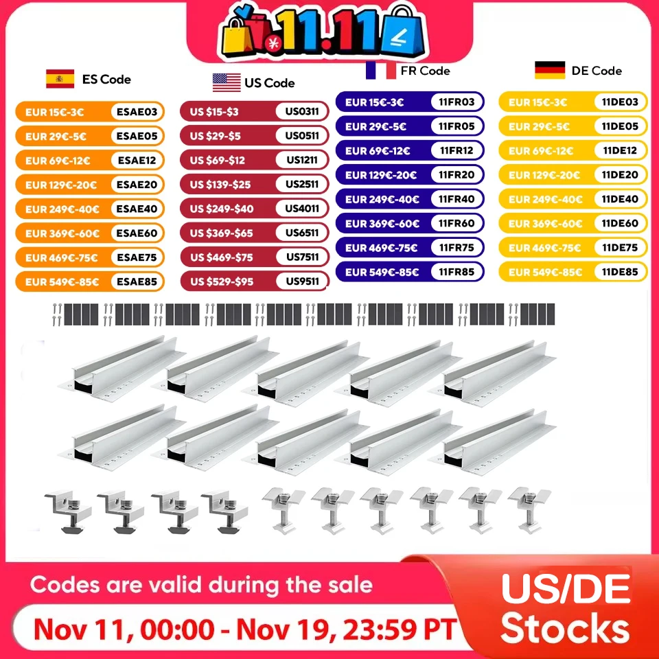 

Solar Panel Mounting Rails 300mm Aluminum Solar Panel Bracket PV Rail Fastening Module T-Shaped Roof Mount Bracket Kit