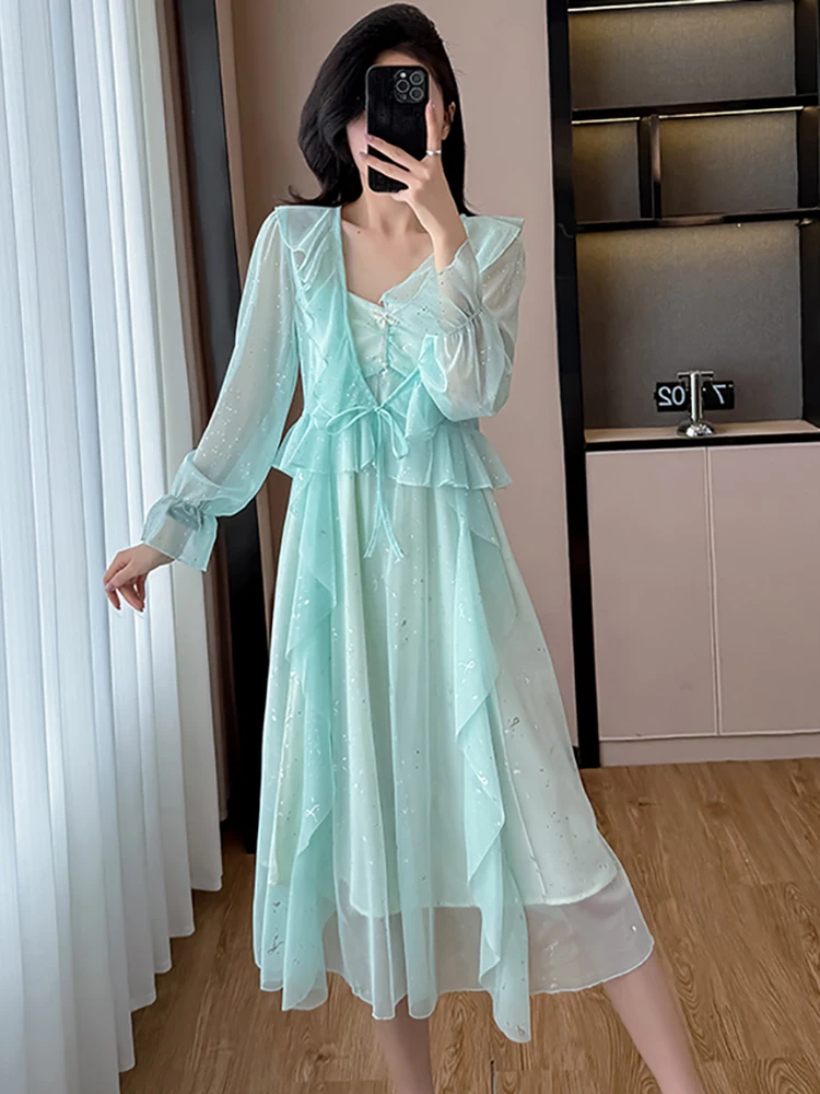 2025 Green Sequins Chic Ruffled Sling Long Dress+Long Sleeve Blouses Two Piece Sets Women Summer Elegant Casual Holiday Dresses