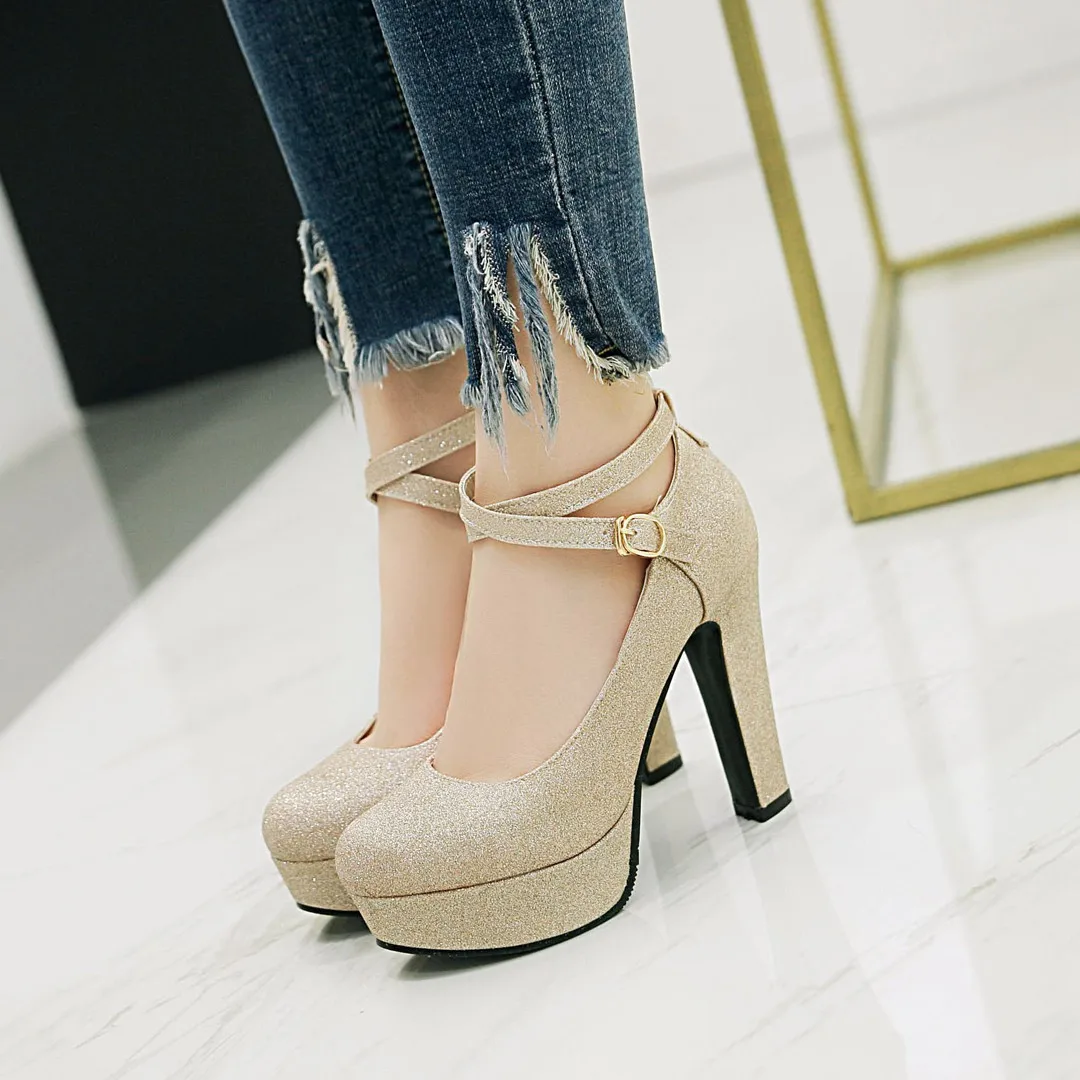 Big Size Women Platform Pumps Purple Gold Glitter Sequined Cloth High Chunky Heels Round Toe Ankle Strap Party Office Lady Shoes