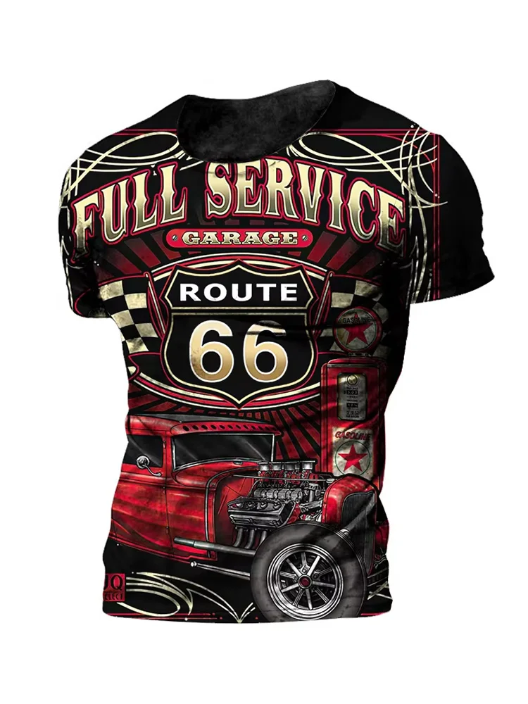 خمر 66 الطريق تي شيرت للرجال ثلاثية الأبعاد مطبوعة السائق موتور الرجال تي شيرت المتضخم تي شيرت الطريق 66 سباق قصيرة الأكمام Camiseta #5