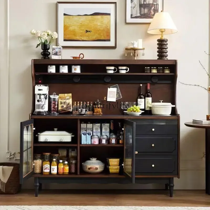 

02French retro solid wood dining side cabinet medieval small apartment living room kitchen wall locker