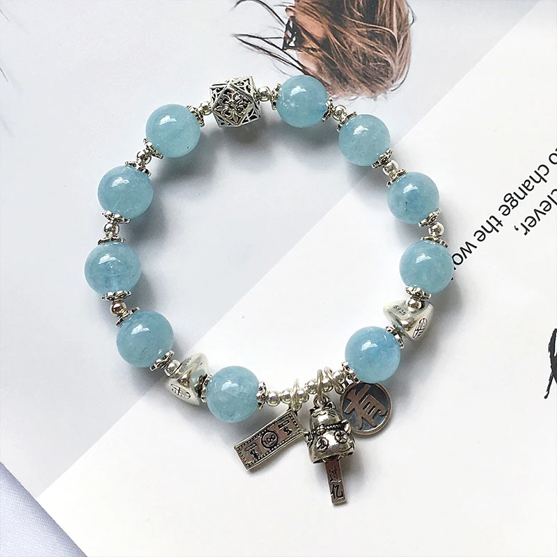 

Natural Stone Aquamarine Blue Crystal Bead Sterling silver Bracelets Women Charm Reiki Healing Round Stone Strand Bangles