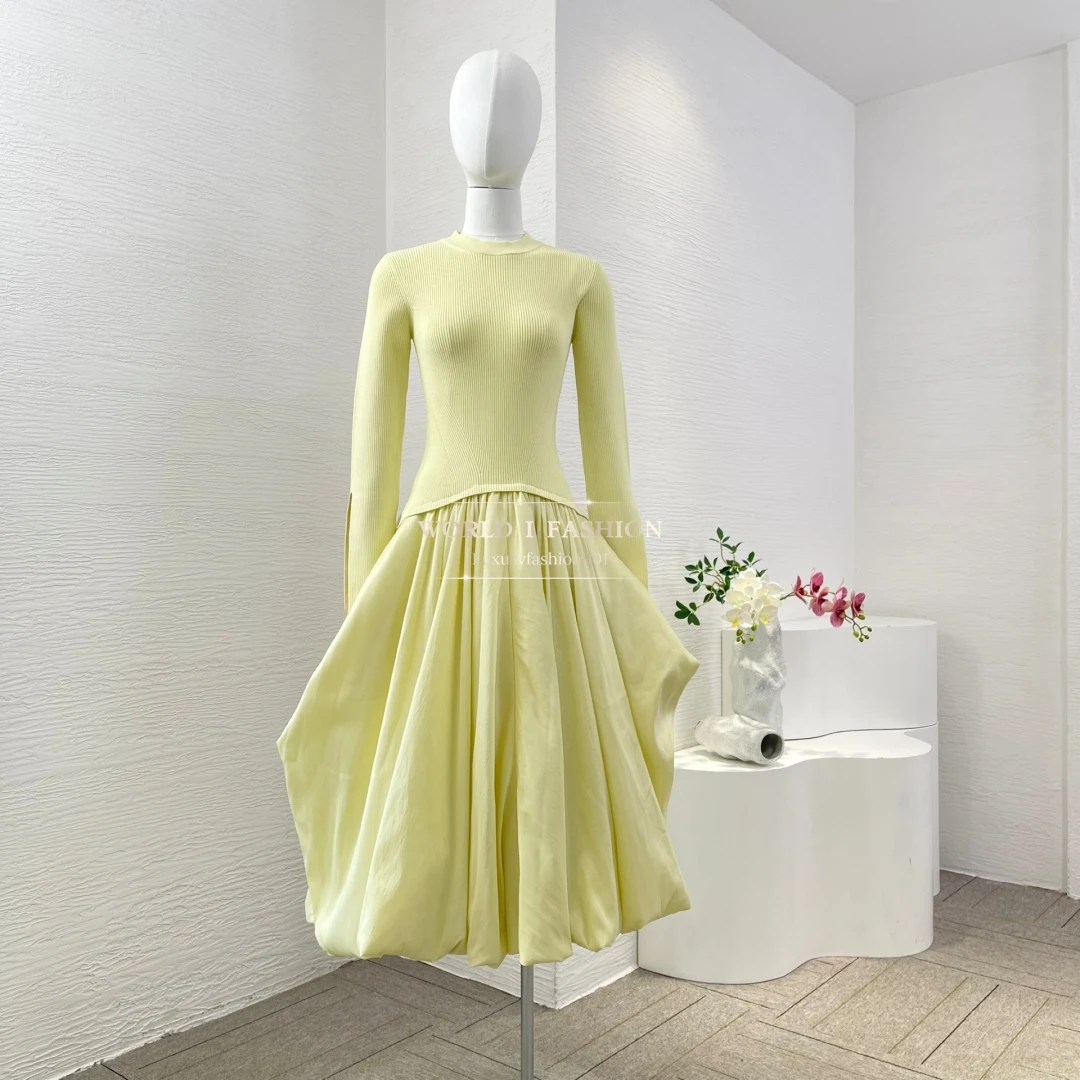 2025 novidades vestidos midi cortados de manga comprida roxo amarelo céu/azul escuro de alta qualidade