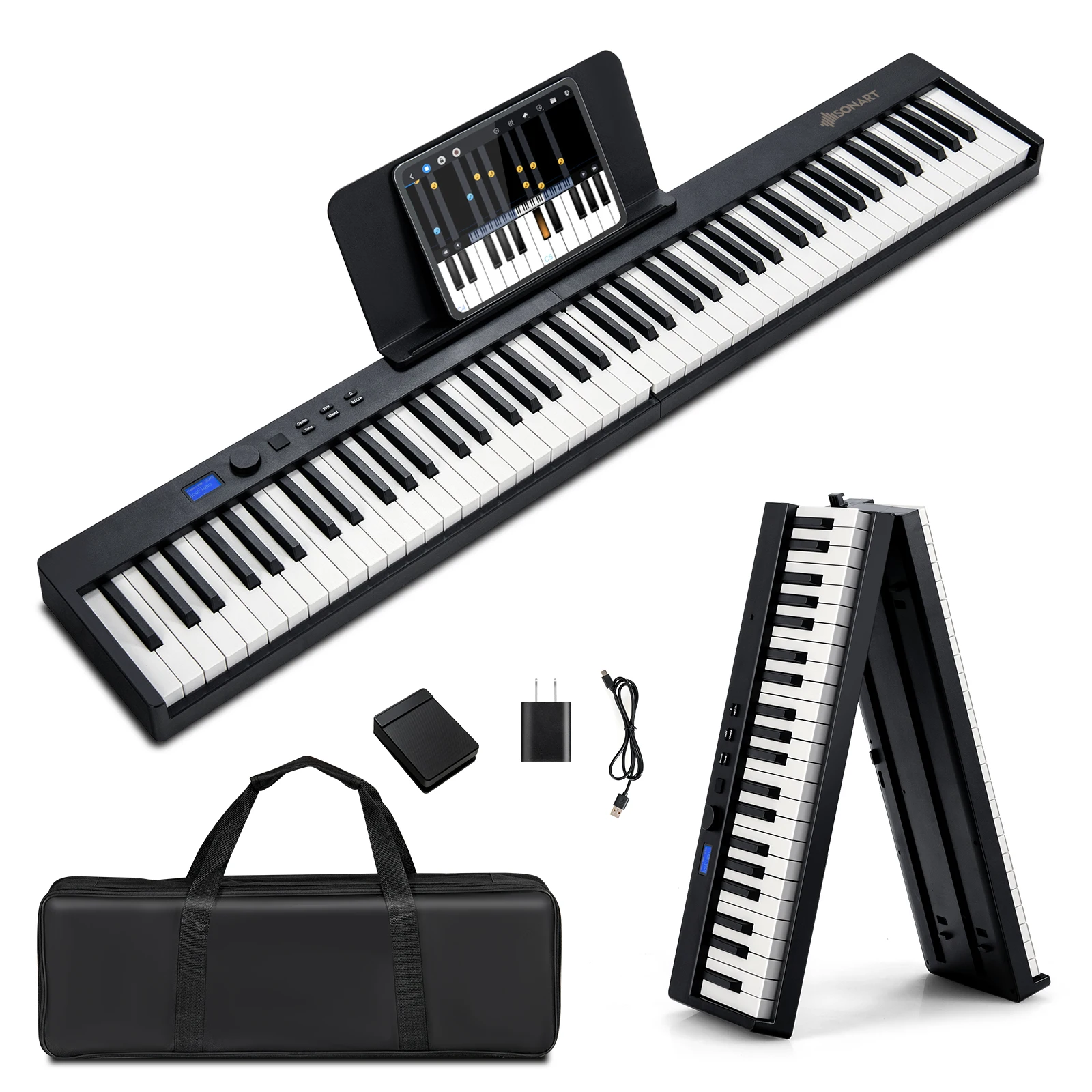 Sonart 88-Key Folding Electric Piano Keyboard Semi Weighted Full Size MIDI Black