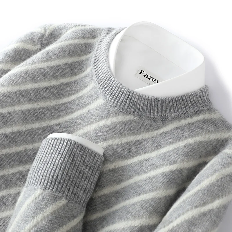 

100% cashmere sweater crew neck striped thickened sweater loose casual wool knitted sweater bottoming shirt