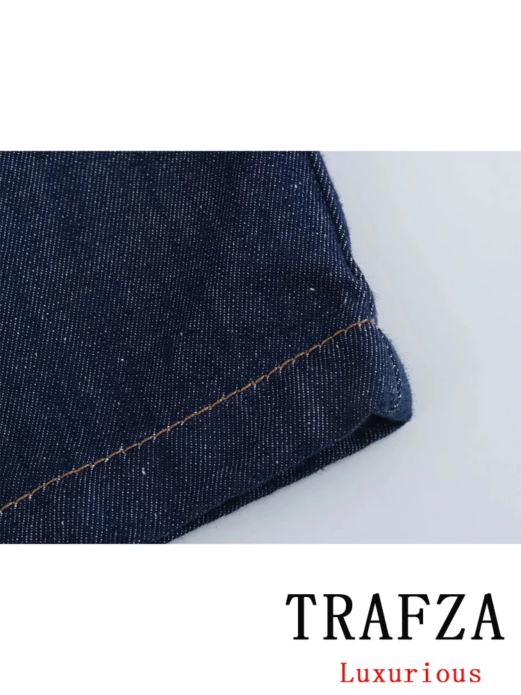 TRAFZA Vintage Casual Chic Women Denim Pants Solid Zipper Straight High-waisted Pants Fashion 2024 Summer Holiday Trousers