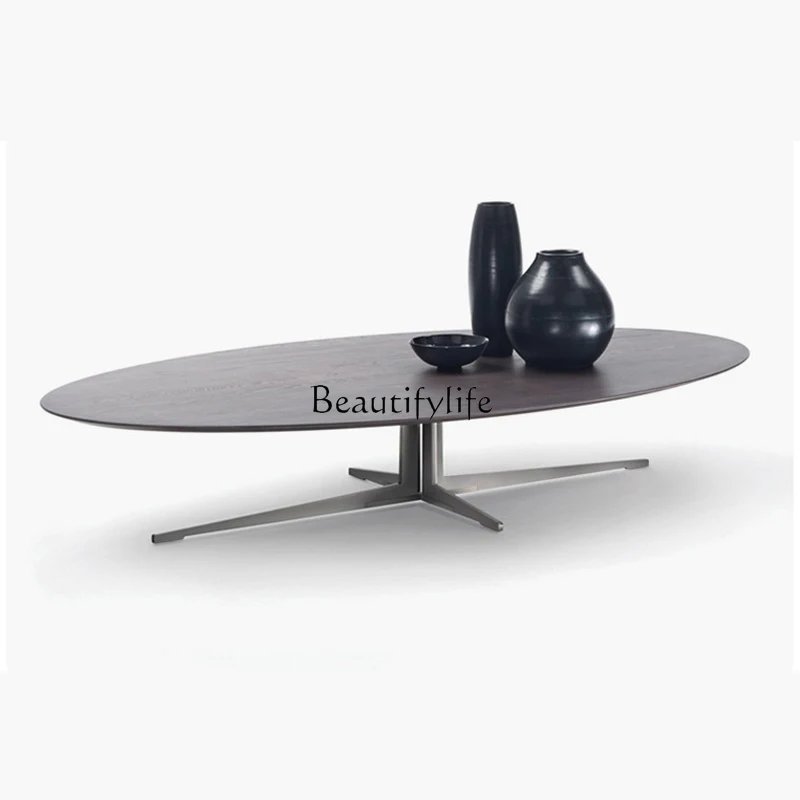 

Italian minimalist marble oval coffee table black walnut solid wood tea table