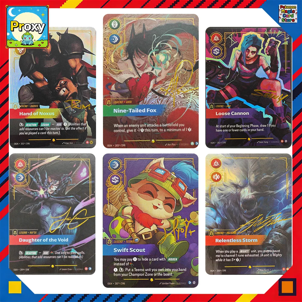 

Коллекционные карты Riftbound League of Legends TCG: Фольгированные прокси-карты с подписями персонажей — Swift Scout, Bounty Hunter, Wuju Bladesman