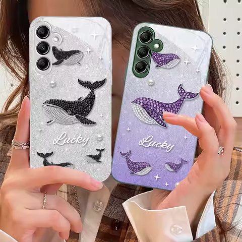 Gradient Diamond Whale For Samsung Galaxy A14 4G 20 30 52 20S 21S 22 32 33 34 42 50 51 53 54 70 71 72 73 5G Glass Phone Case