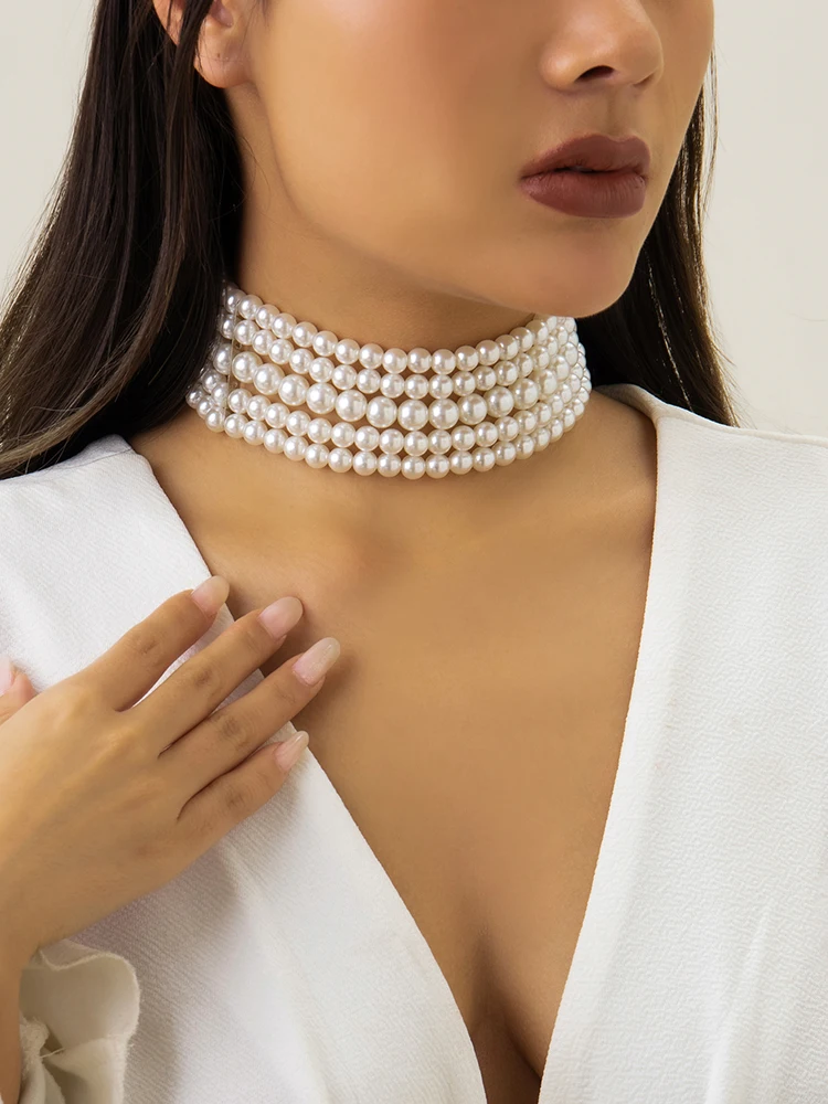 Vintage Imitation Pearl Multi-Layer Necklace Oval Beasds Choker Elegant Collar for Women\'s Chain Jewelry Accessories Party Gift