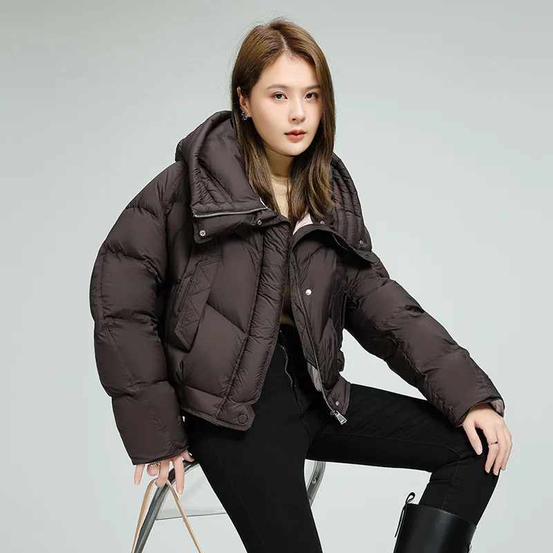 

Korean version of winter 2025 new short cotton jacket, women's standing collar hooded, thick casual fashion, solid color cotton