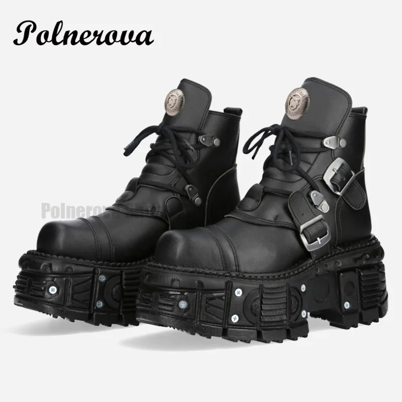 Black Leather Platform Ankle Boots Women Round Head Lace-Up High Top Goth Biker Boots Luxury Metal Screw Decorative Boots