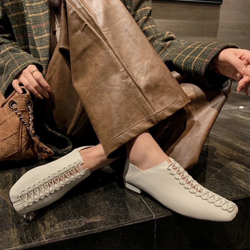 Damskie nowe wiosenne i letnie kwadratowe noski z miękkiej owczej skóry retro gumką wygodne buty na niskim obcasie plus size modne pojedyncze buty