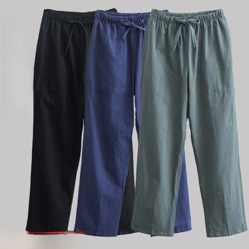 Loose Men's Linen Casual Pants Elastic Waist Vintage Chinese Style Tang Suit Long Straight Tube Trousers Autumn Fashion