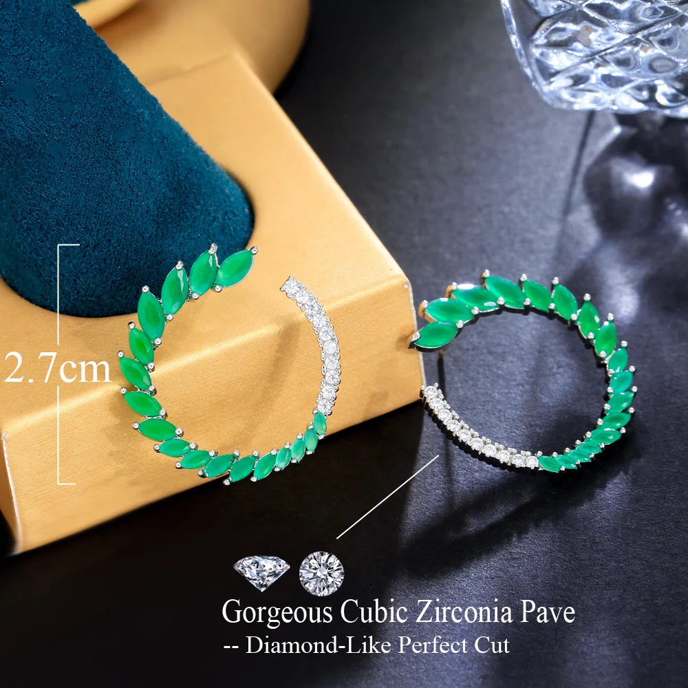 CWWZircons Designable Fashion Brand Jewelry Green CZ Stone Elegant Half Round Leaf Big Post Stud Earrings for Women CZ109