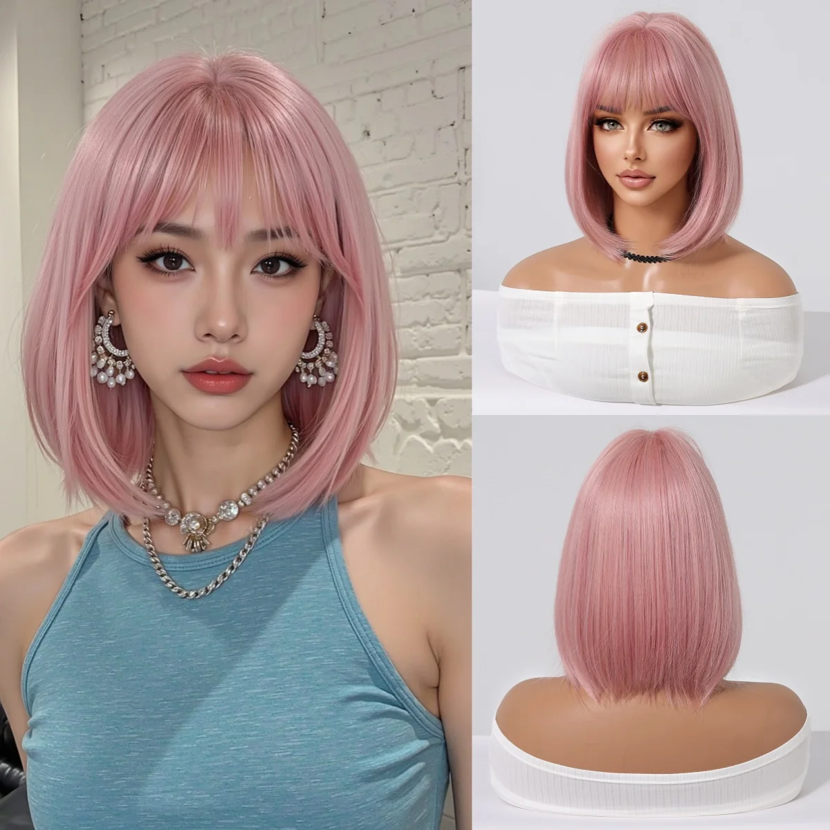 

Short Straight Bob Synthetic Wigs Pink Natural Hair Wig with Bangs for Women Use Cosplay Daily Party Wig Heat Resistant Fiber