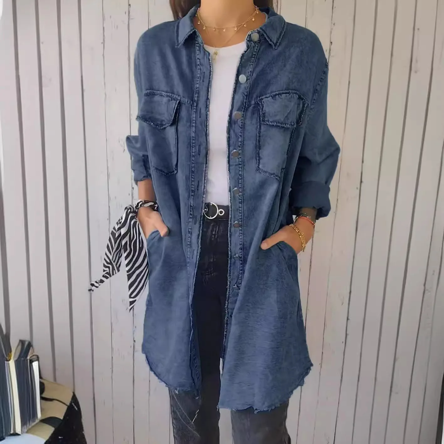 Frauen Denim Mantel Drehen Unten Kragen Schlank Mid Blue Jeans Länge Hemd Mäntel Elegante Splice Einreiher Langarm Jacken 2024