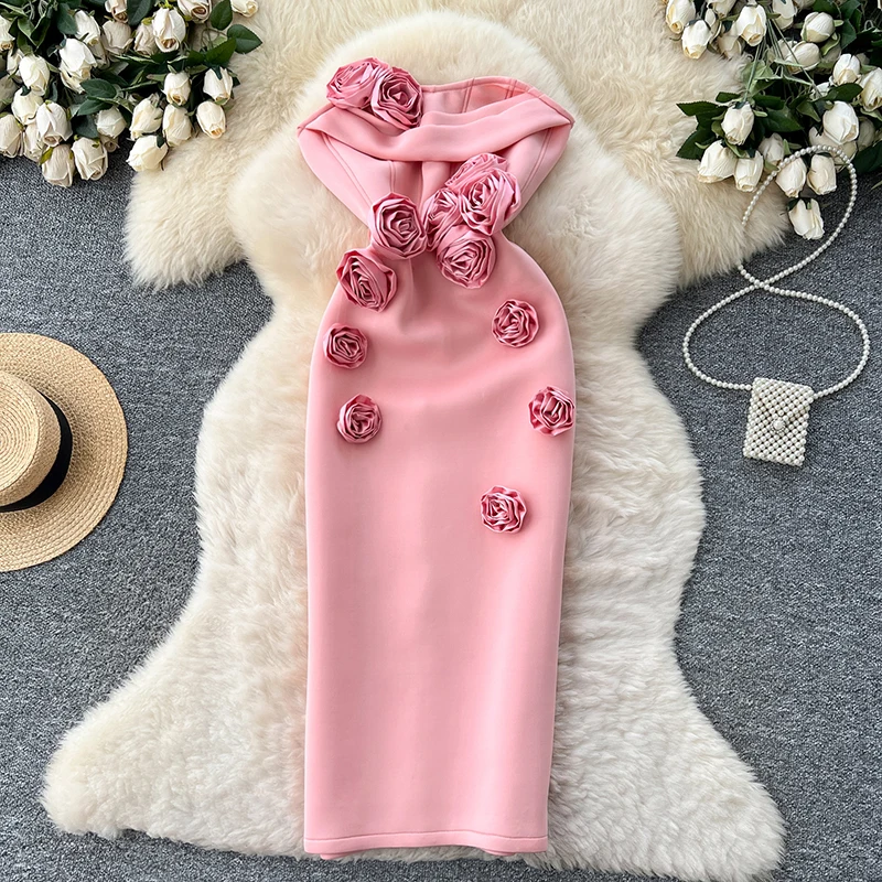 3D-Blumen-Abend-Partykleid 2022, trägerlos, geteilt, rückenfrei, französischer Stil, luxuriöses, hochwertiges, figurbetontes langes Kleid
