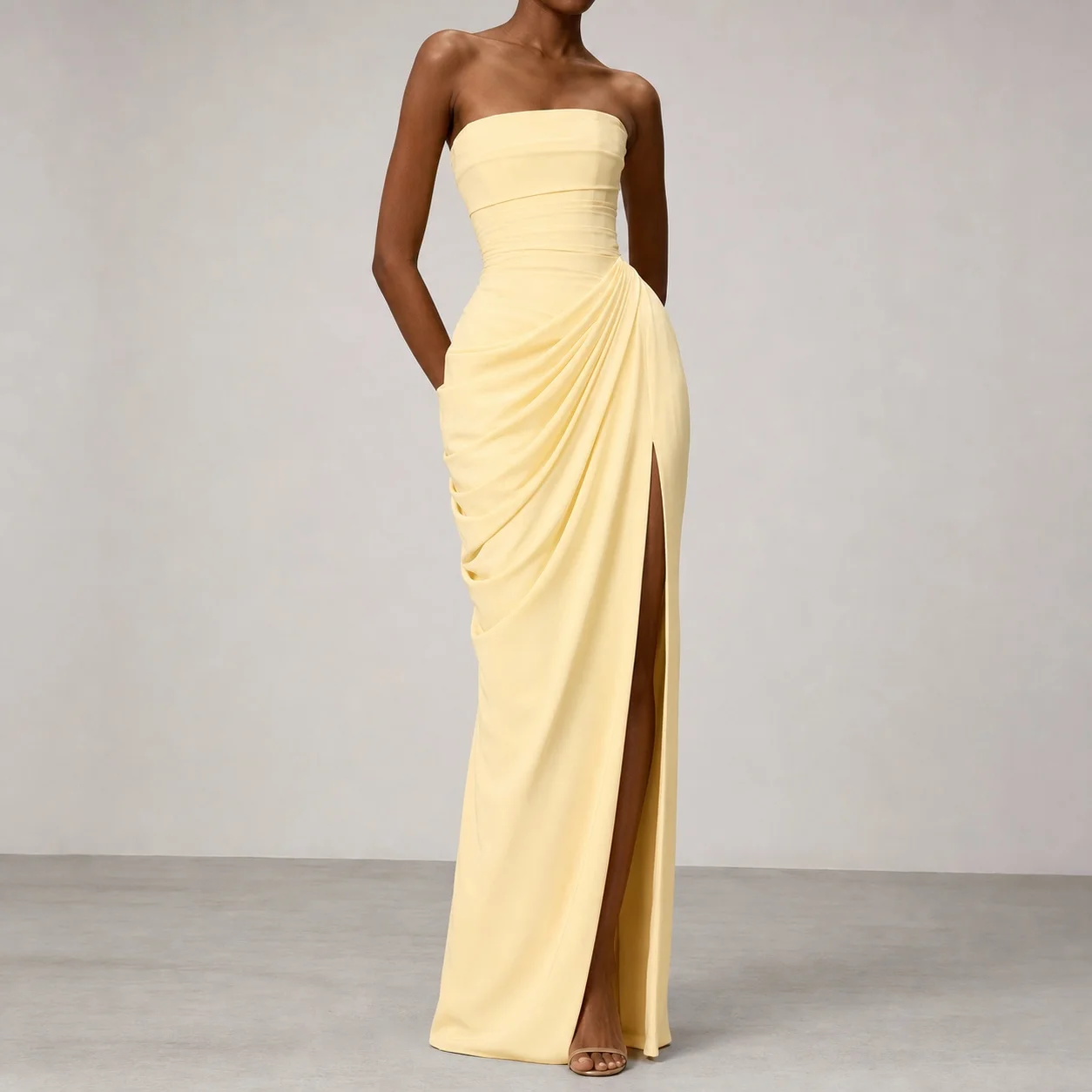 Women Elegant Off Shoulder Bodycon Long Slit Solid Color Chiffon Fitted Dress for Wedding Guest Party Prom Wedding Party