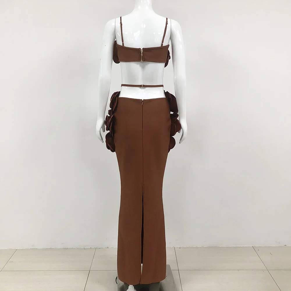 Brązowe Kolorowe Damskie Seksowne Top z Ramiączkami w Kwiaty i Bandażem, 2-częściowa Sukienka Bodycon Długa na Imprezę do Klubu Nocnego, na Imprezę, na Sesję Zdjęciową