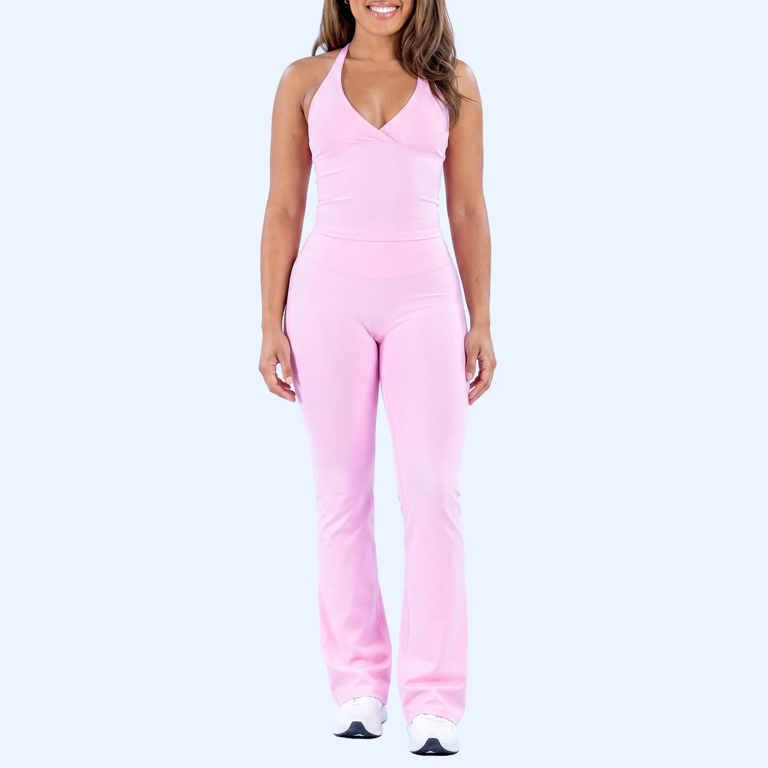 Neck-wrap yoga set with micro-ruffled pants for women, suitable for slim fit and outdoor running and fitness activities