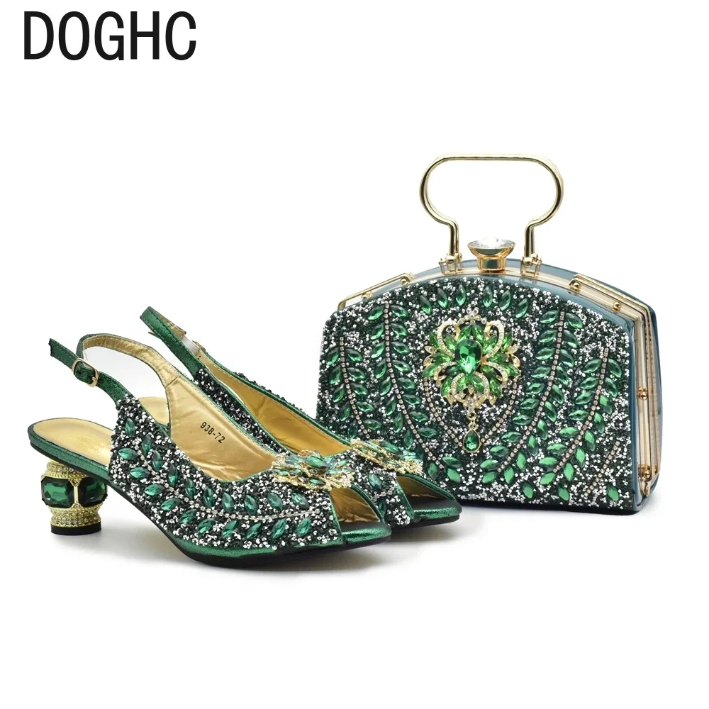 

Luxury Designer Shoes Italian Shoe and Bag Set Decorated with Rhinestone Medium Heel Shoes for Women Diamonds Lady Pumps