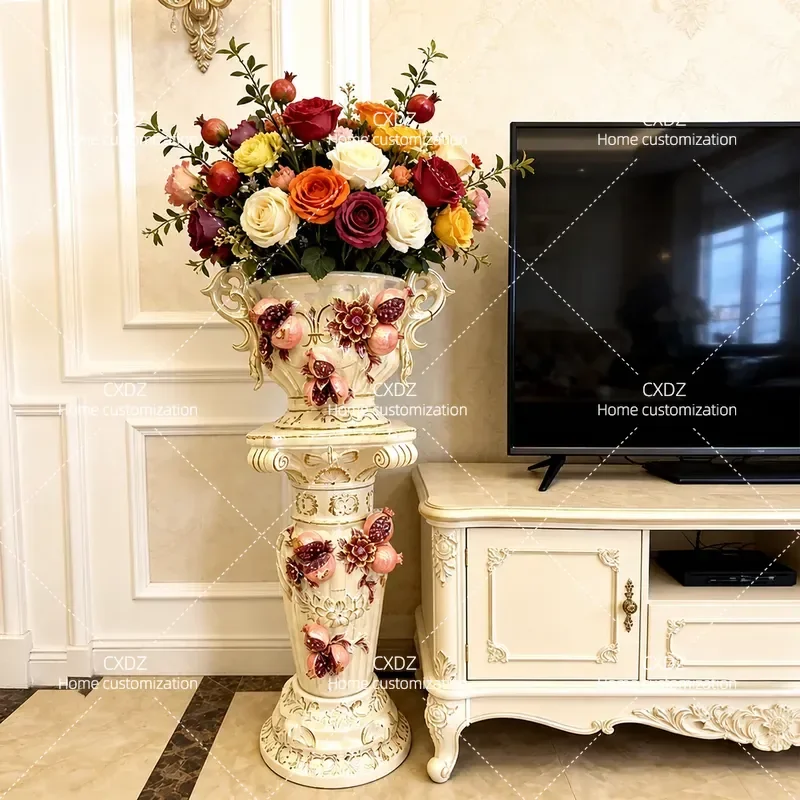 European Style Pillar Ceramic Floor to Ceiling Vase Large Simulated Flower Arrangement Decorative Pot for Living Room TV