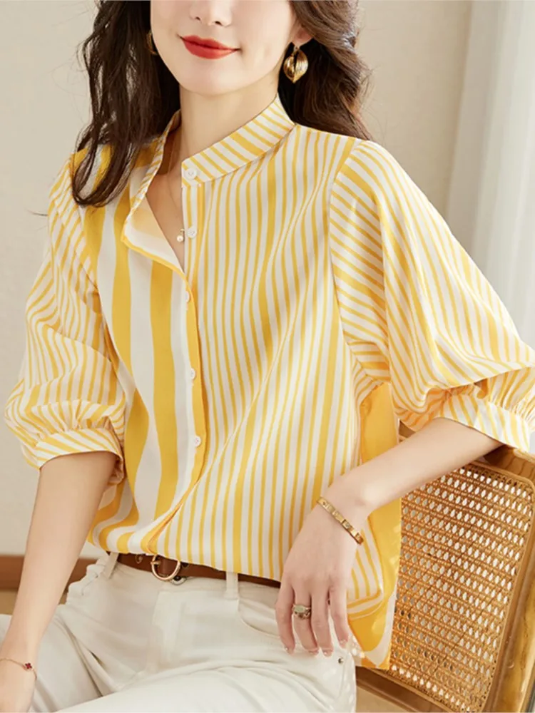 Summer Striped Print Shirts Tops Women Short Sleeve Fashion Casual Loose Pleated Ladies Blouses Korean Style Woman Shirts Tops