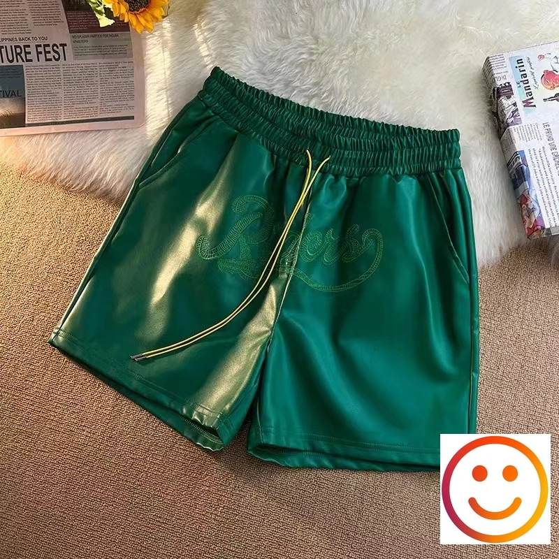 Leather Black Green Borad Shorts Pockets Embroidery Logo Men Women High Quality Yellow Drawstring Beach Shortpant Breeches