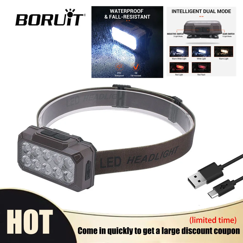 

BORUiT Motion Sensor LED Headlamp Rechargeable with Built-in Battery Waterproof Headlight for Outdoor Camping Fishing Work Use