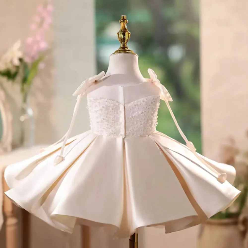 

Lvory Flower Girl Dresses For Wedding Lace Pearls With Bow Satin Elegant Kids Formal Occasion Birthday Party Gown